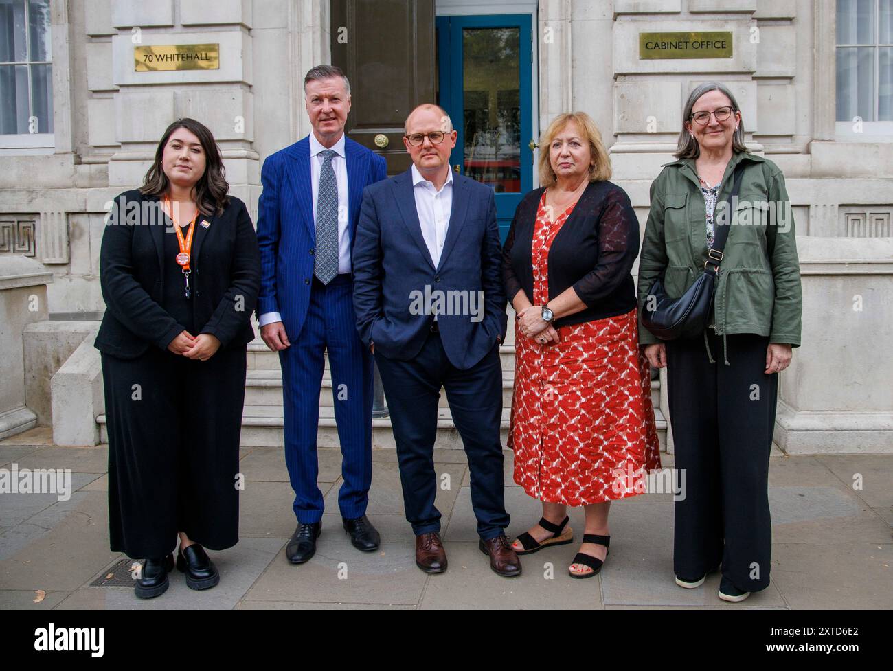 Londra, Regno Unito. 14 agosto 2024. Da sinistra a destra-Rhea Wolfson, responsabile delle relazioni interne e industriali dell'odf, GMB, Mike Clancy Prospect, Paul Nowak, TUC, Christina McAnea, Unison e Sarah Carpenter, capo di stato maggiore di Unite, vice primo ministro, Angela Rayner e segretario alle imprese, Jonathan Reynolds hanno un incontro con i leader e i rappresentanti sindacali per discutere della legge sui diritti dell'occupazione di LabourÕs. Crediti: Mark Thomas/Alamy Live News Foto Stock