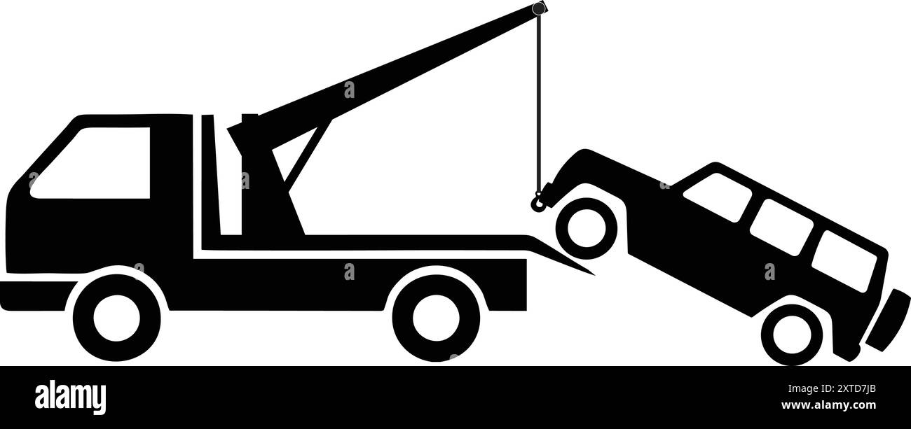 Cartello furgone per il recupero, assistenza stradale in caso di incidente con camion, autocarro per il recupero di guasti, autocarri per traino, autocarro per il traino di autocarri, icone di servizio autogru, guasto lo Illustrazione Vettoriale