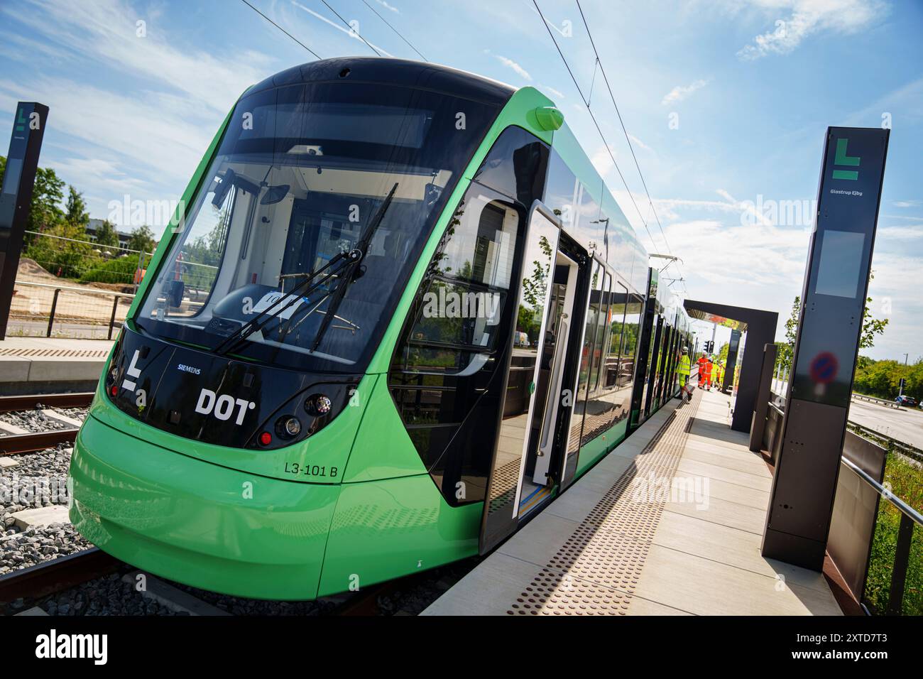 Copenaghen, Danimarca. 14 agosto 2024. Prova su strada della metropolitana leggera della capitale da Glostrup a Roedovre Nord, a Copenaghen, mercoledì 14 agosto 2024. La metropolitana leggera della capitale avrà 29 stazioni su un tratto di 28 km da Lundtofte a Ishoej. La ferrovia leggera dovrebbe aprirsi nel 2025. (Foto: Liselotte Sabroe/Ritzau Scanpix) credito: Ritzau/Alamy Live News Foto Stock