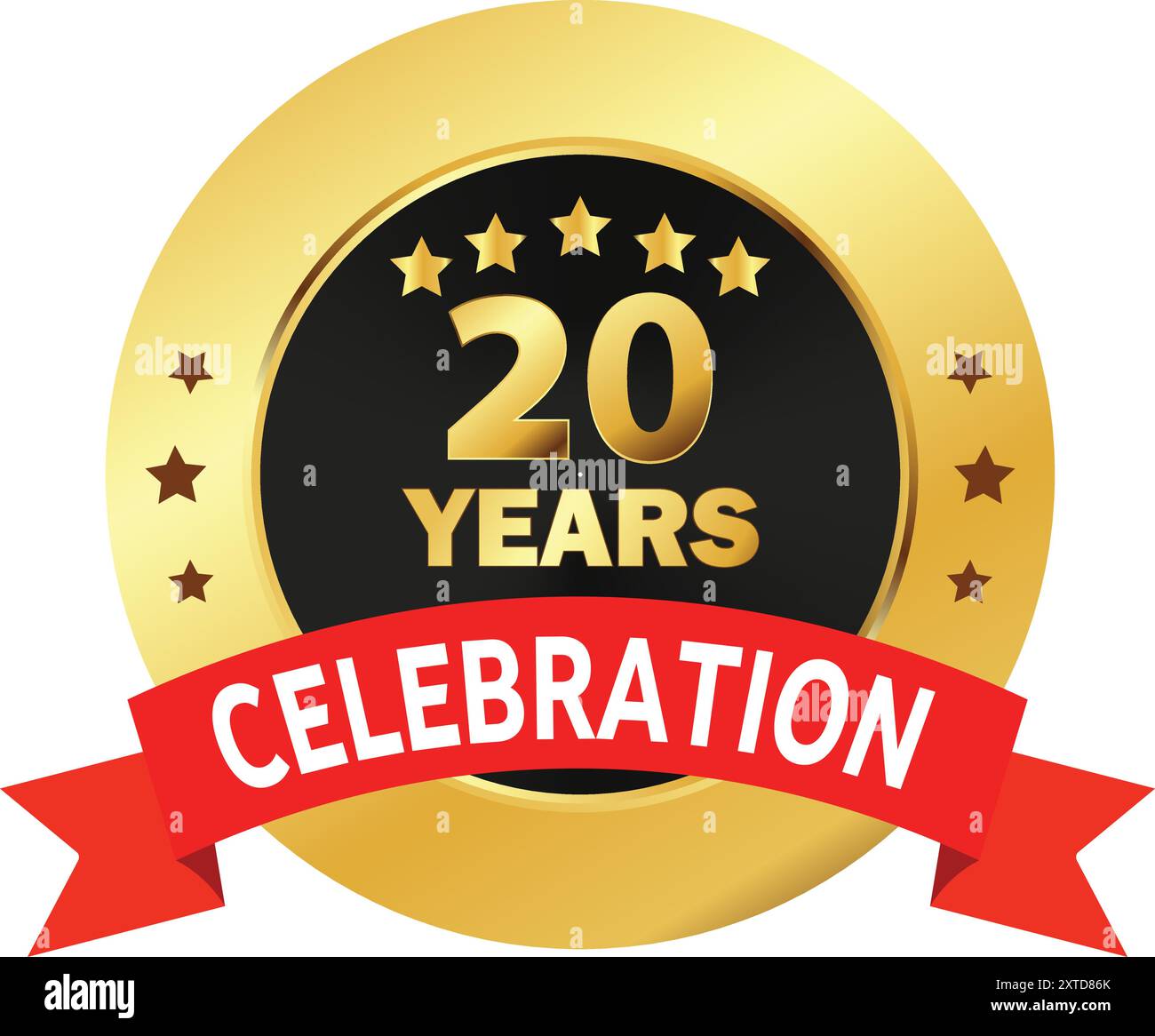 Sigillo per la celebrazione dei 20 anni, logo d'oro dei 20 anni, anniversario dei 20 anni, celebrazione dei vent'anni con nastro rosso, celebrazione del nastro rosso d'oro Illustrazione Vettoriale