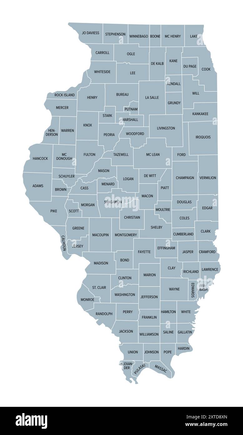 Illinois, stato degli Stati Uniti suddiviso in 102 contee, mappa politica grigia con confini e nomi di contea. Stato nella regione Midwest degli Stati Uniti. Foto Stock