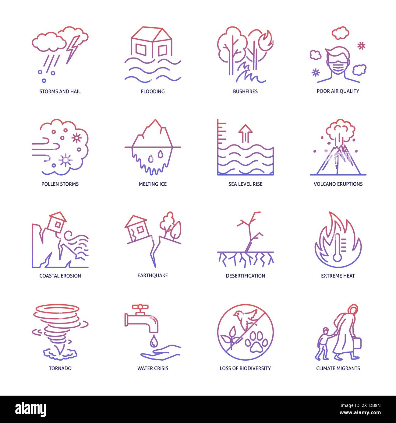 Set di icone effetti dei cambiamenti climatici. Condizioni atmosferiche estreme, riscaldamento generale. Illustrazione vettoriale. Illustrazione Vettoriale