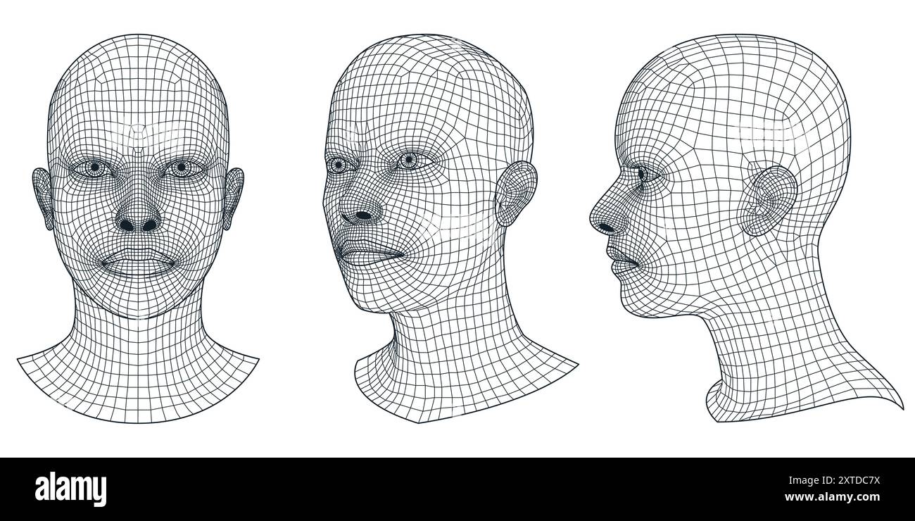 Set di teste umane con struttura a reticolo 3d vettoriale. Mesh geometrica frontale uomo o donna, profilo e illustrazione isometrica. L'alta tecnologia del futuro, artificiale Illustrazione Vettoriale