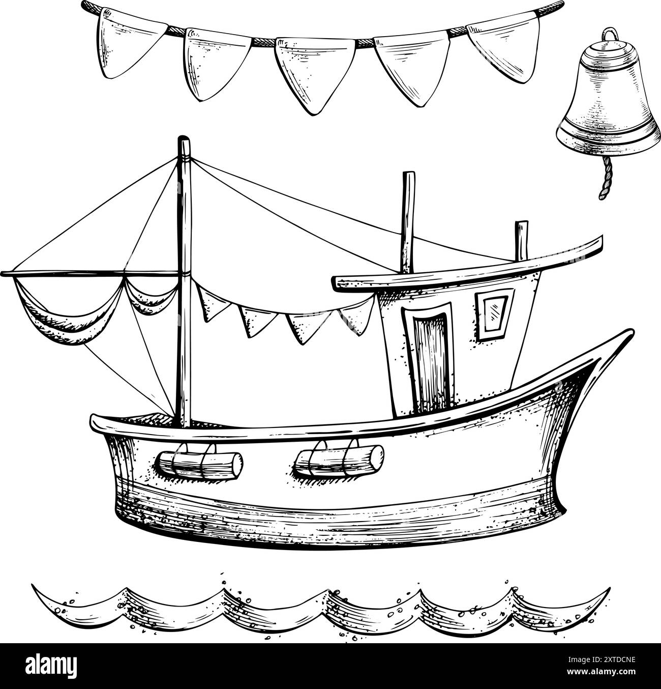 Barca da pesca a vela con ghirlanda di bandiere, campana di una nave e onde marine. Grafica grafica disegnata a mano in bianco e nero monocromatico. Set nautico Illustrazione Vettoriale
