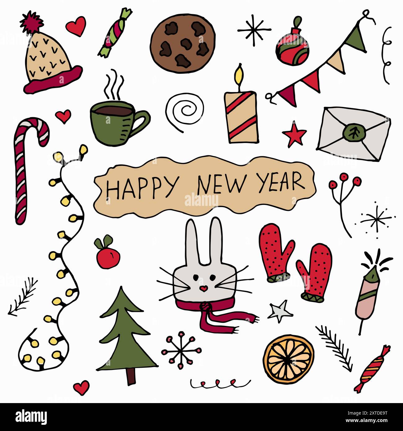 Scarabocchi vettoriali colorati di un set di Capodanno Illustrazione Vettoriale