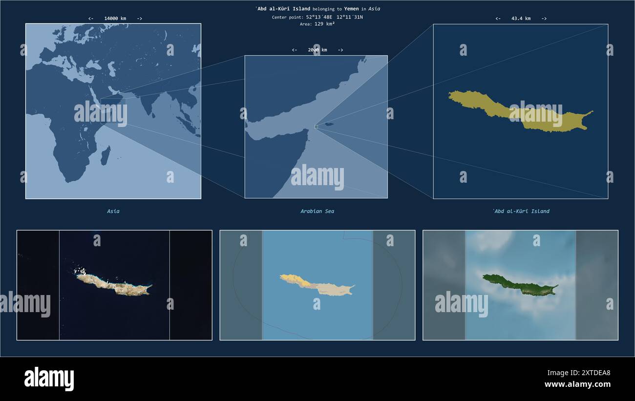 Isola Abd al-Kuri nel Mar Arabico - appartenente allo Yemen. Schema della posizione descritto con la forma gialla dell'isola e mappe campione del suo perimetro Foto Stock