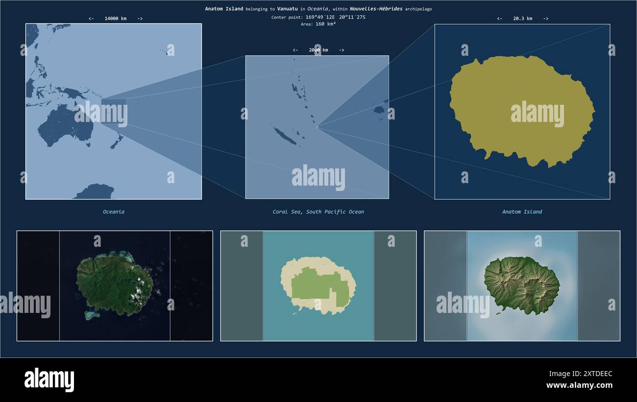 Anatom Island nel Mar dei Coralli - appartenente a Vanuatu. Schema della posizione descritto con la forma gialla dell'isola e mappe campione dei dintorni Foto Stock