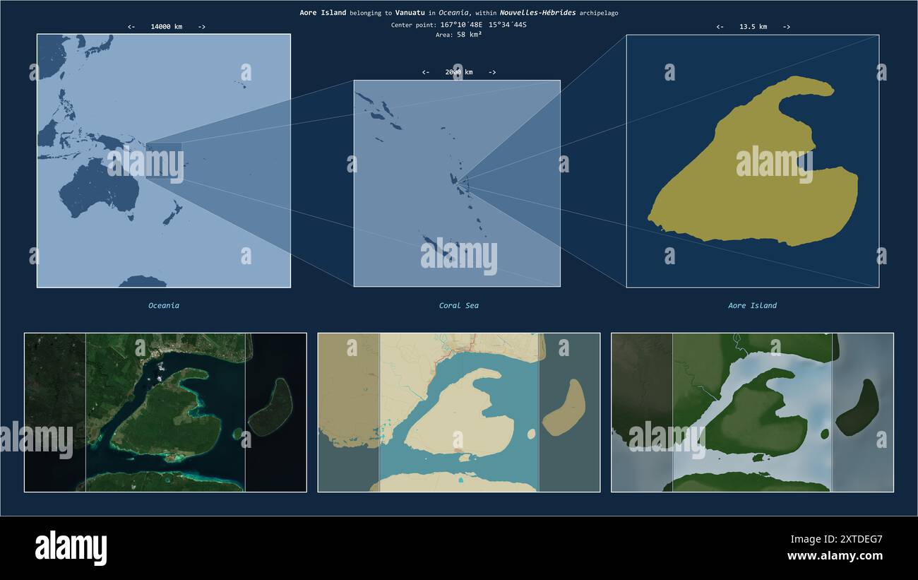 Aore Island nel Mar dei Coralli - appartenente a Vanuatu. Schema della posizione descritto con la forma gialla dell'isola e mappe campione dei dintorni Foto Stock