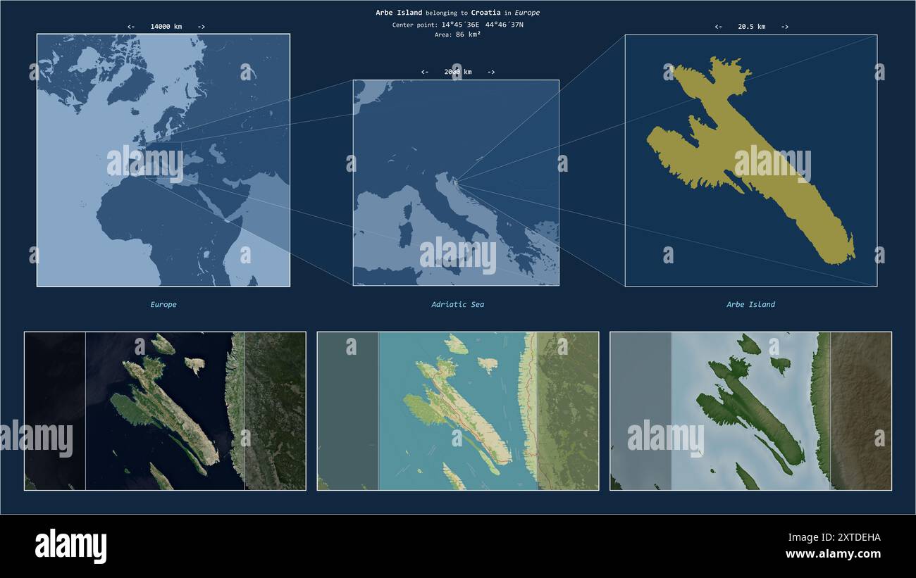 Isola di Arbe nel Mare Adriatico - appartenente alla Croazia. Schema della posizione descritto con la forma gialla dell'isola e mappe campione dei dintorni Foto Stock