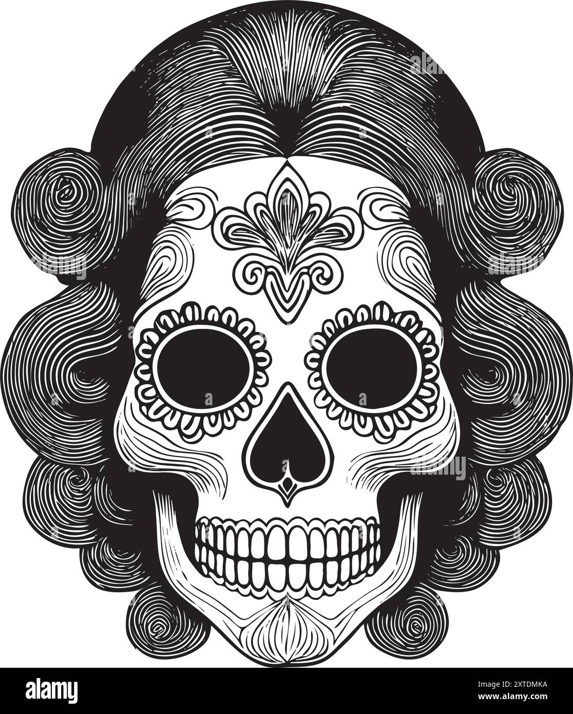 Sposa calavera in stile vintage con design intricati, ideale per dia de los Muertos e festeggiamenti di Halloween Illustrazione Vettoriale