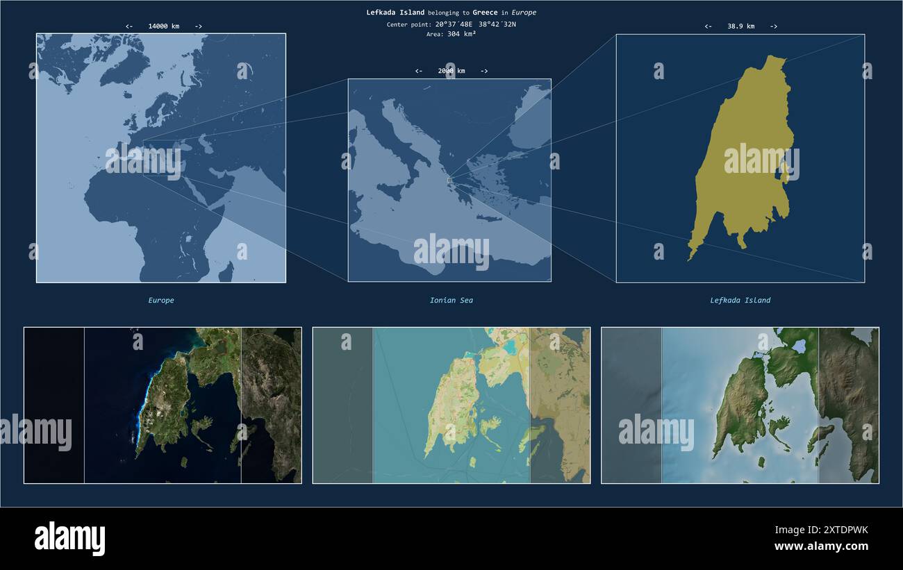 Isola di Lefkada nel Mar Ionio - appartenente alla Grecia. Schema della posizione descritto con la forma gialla dell'isola e mappe campione dei dintorni Foto Stock