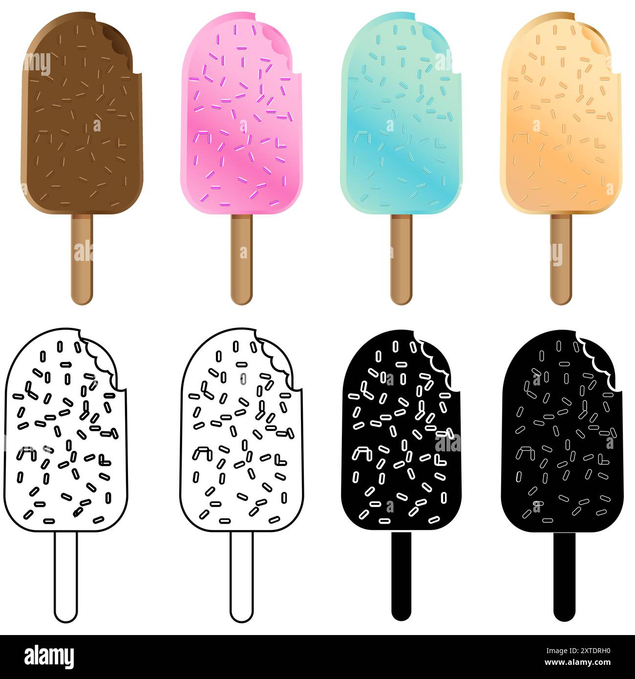 Set di gelati o gelati nelle versioni a colori, in bianco e nero e a incasso Illustrazione Vettoriale