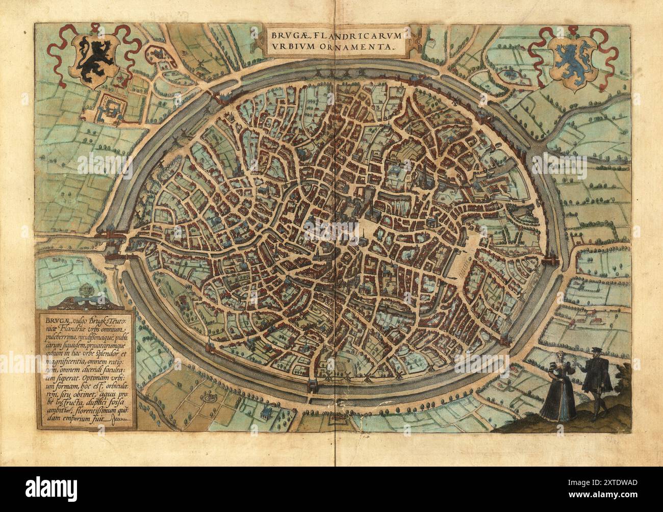 Mappa di Bruges, Belgio, su un'incisione di Franz Hogenberg intorno al 1575. Pianta e mappa della città d'epoca del XVI secolo. Foto Stock