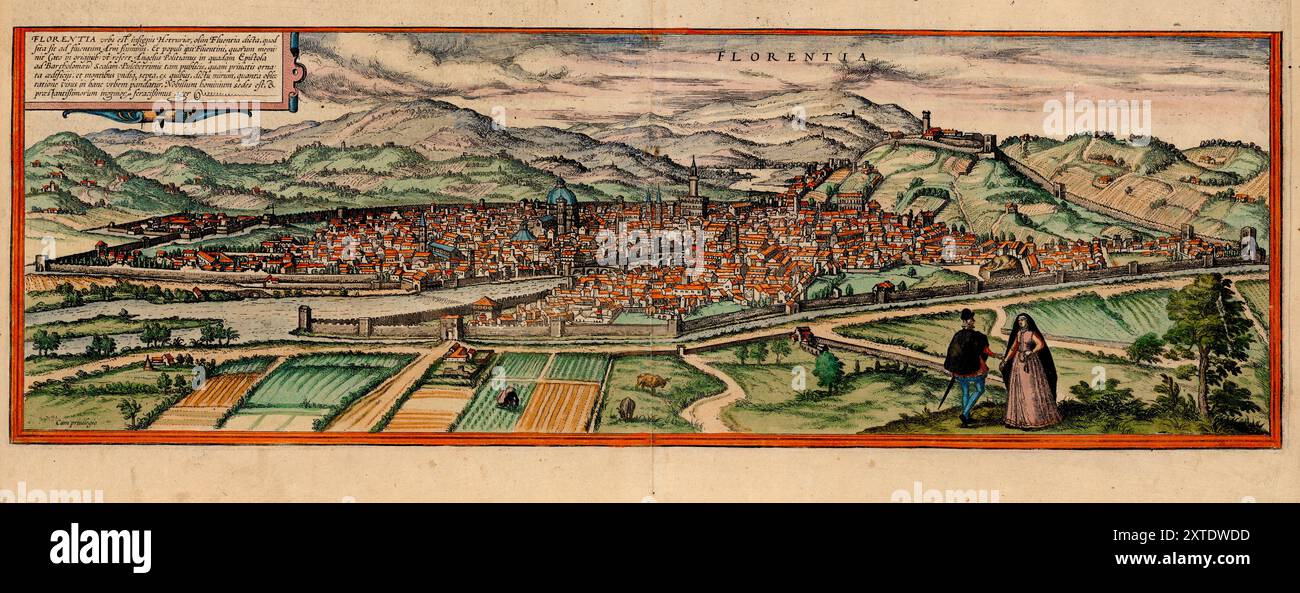 Bell'esempio di vecchio colore di questa vista decorativa di Firenze, Italia, opera di Franz Hogenberg intorno al 1575. Pianta e mappa della città d'epoca del XVI secolo. Foto Stock