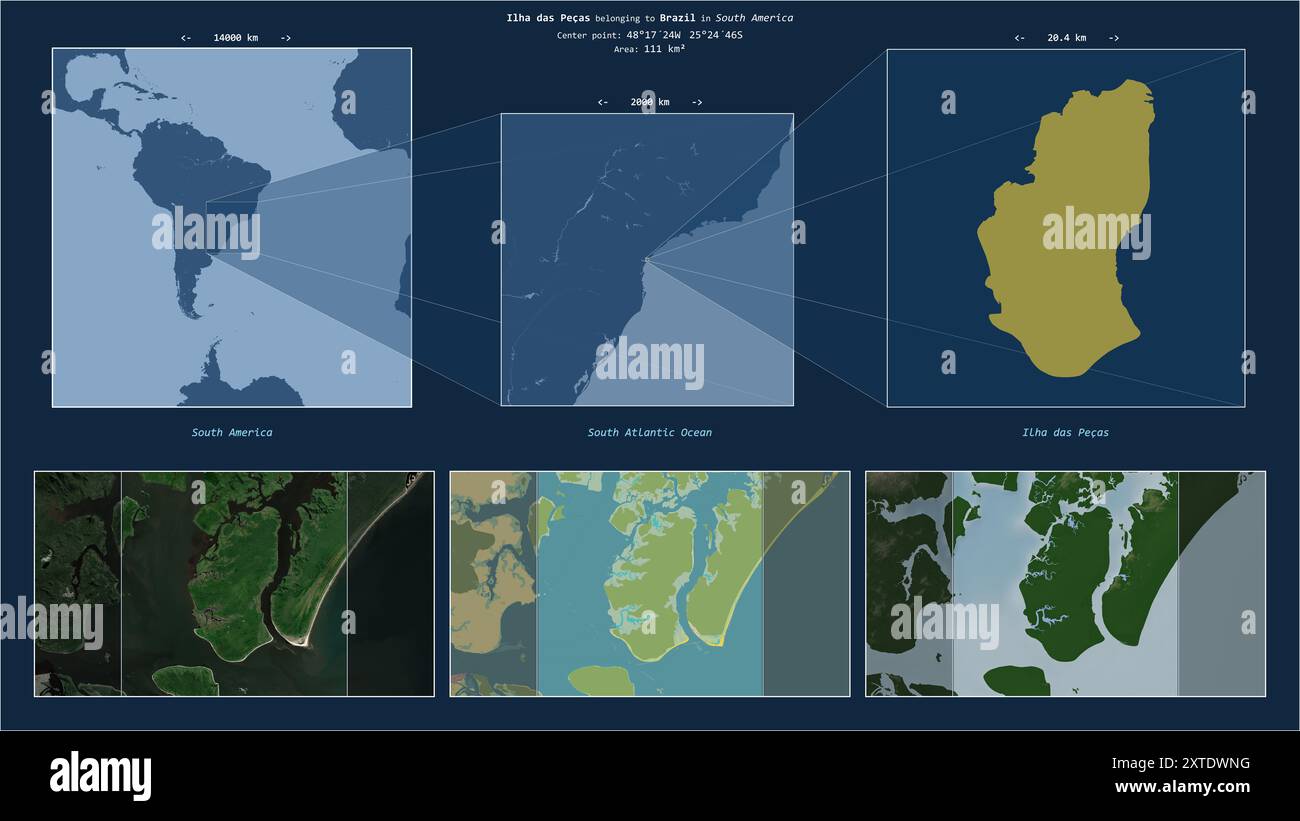 Ilha das Pecas nell'Oceano Atlantico meridionale - appartenente al Brasile. Schema di posizione descritto con la forma gialla dell'isola e mappe campione del suo su Foto Stock