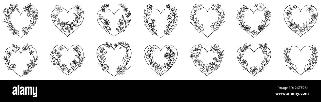 Cornice floreale a forma di cuore. Cuore floreale nero con fiori e piante decorativi disegnati a mano. Illustrazione vettoriale Illustrazione Vettoriale