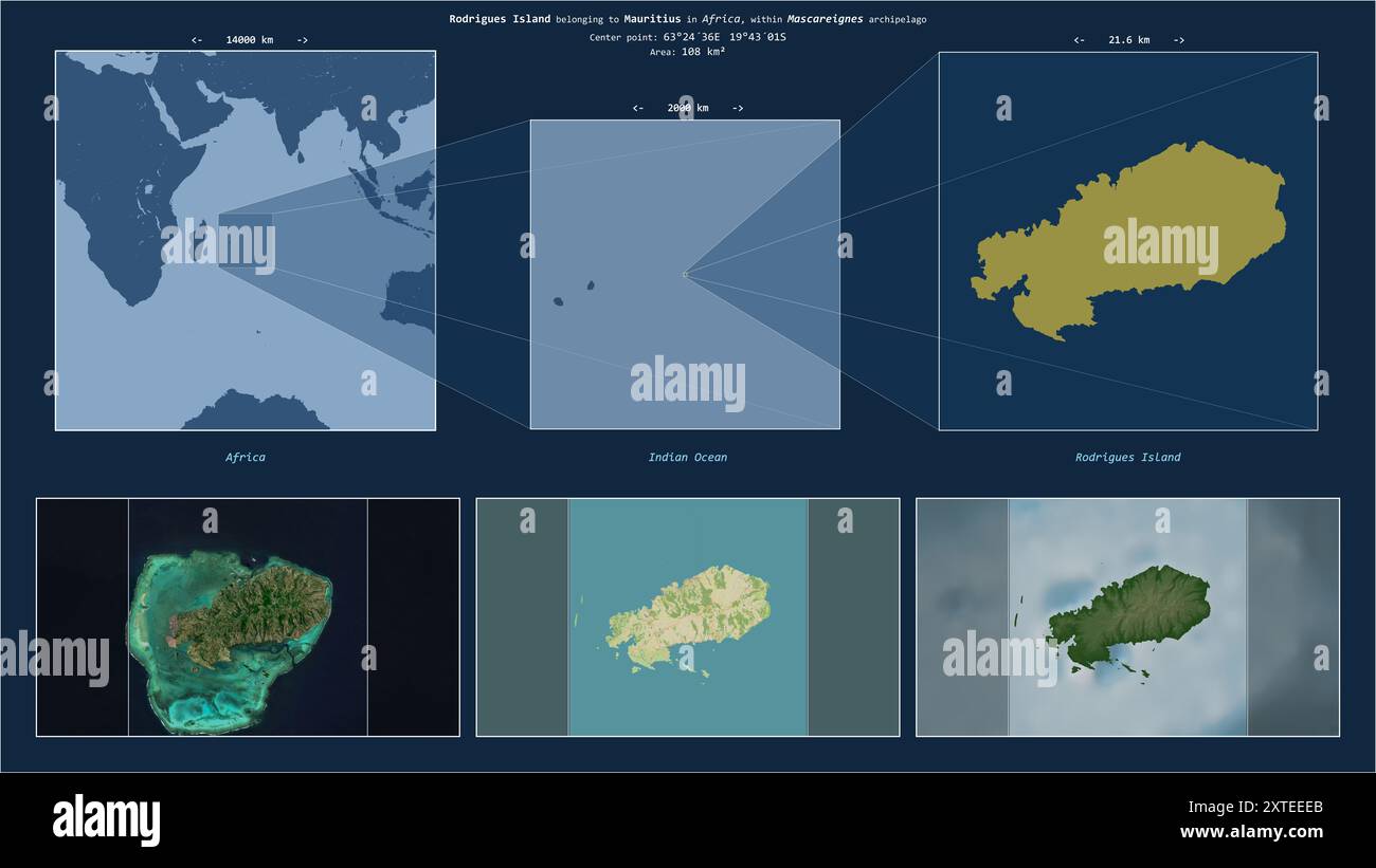 Isola di Rodrigues nell'Oceano Indiano - appartenente a Mauritius. Schema di posizione descritto con la forma gialla dell'isola e mappe campione del suo surro Foto Stock