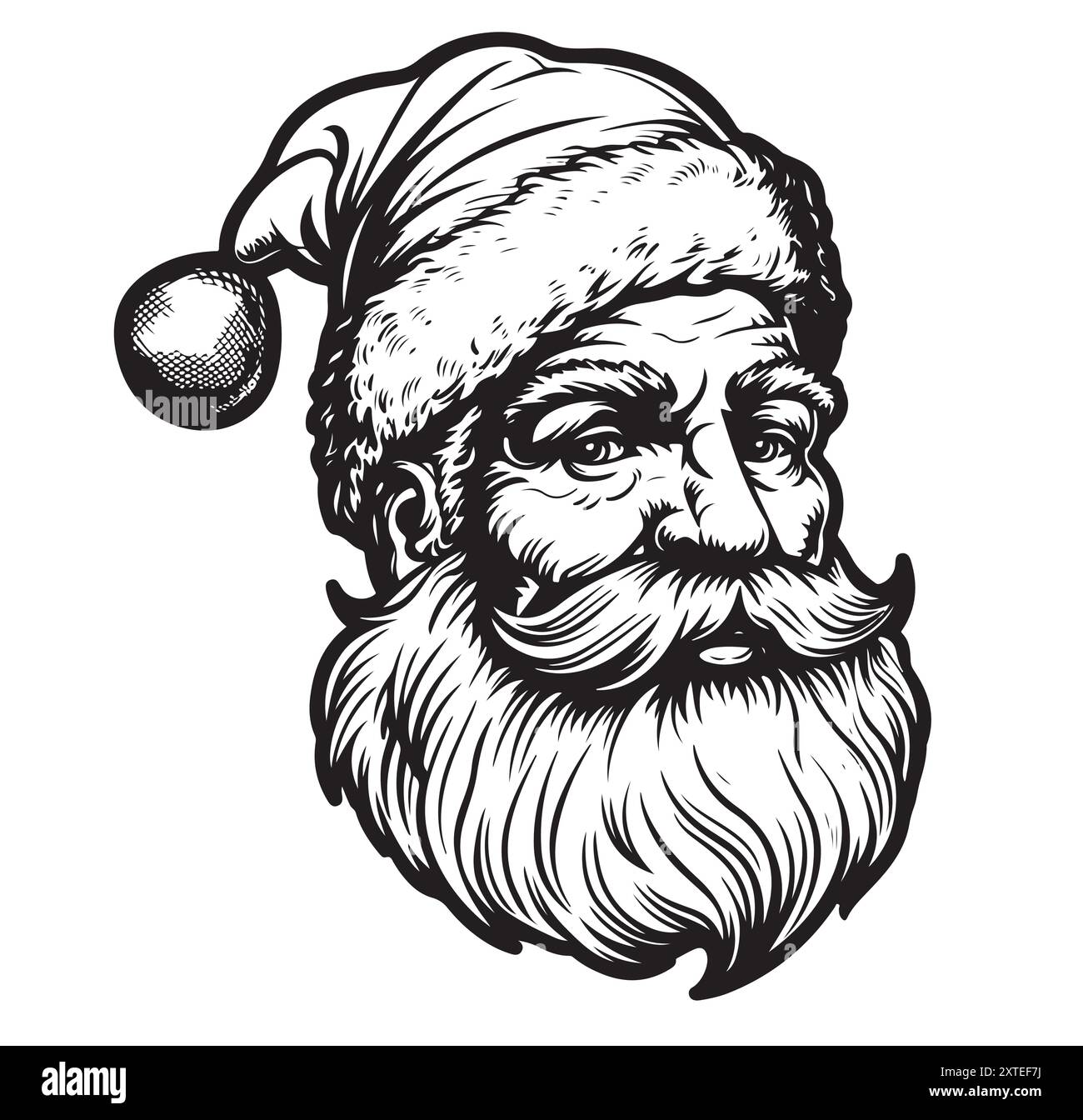 Ritratto di un carino Babbo Natale in un cappello di Natale . Illustrazione vettoriale in bianco e nero in stile di schizzo isolata su sfondo bianco. Libro da colorare, flat de Illustrazione Vettoriale