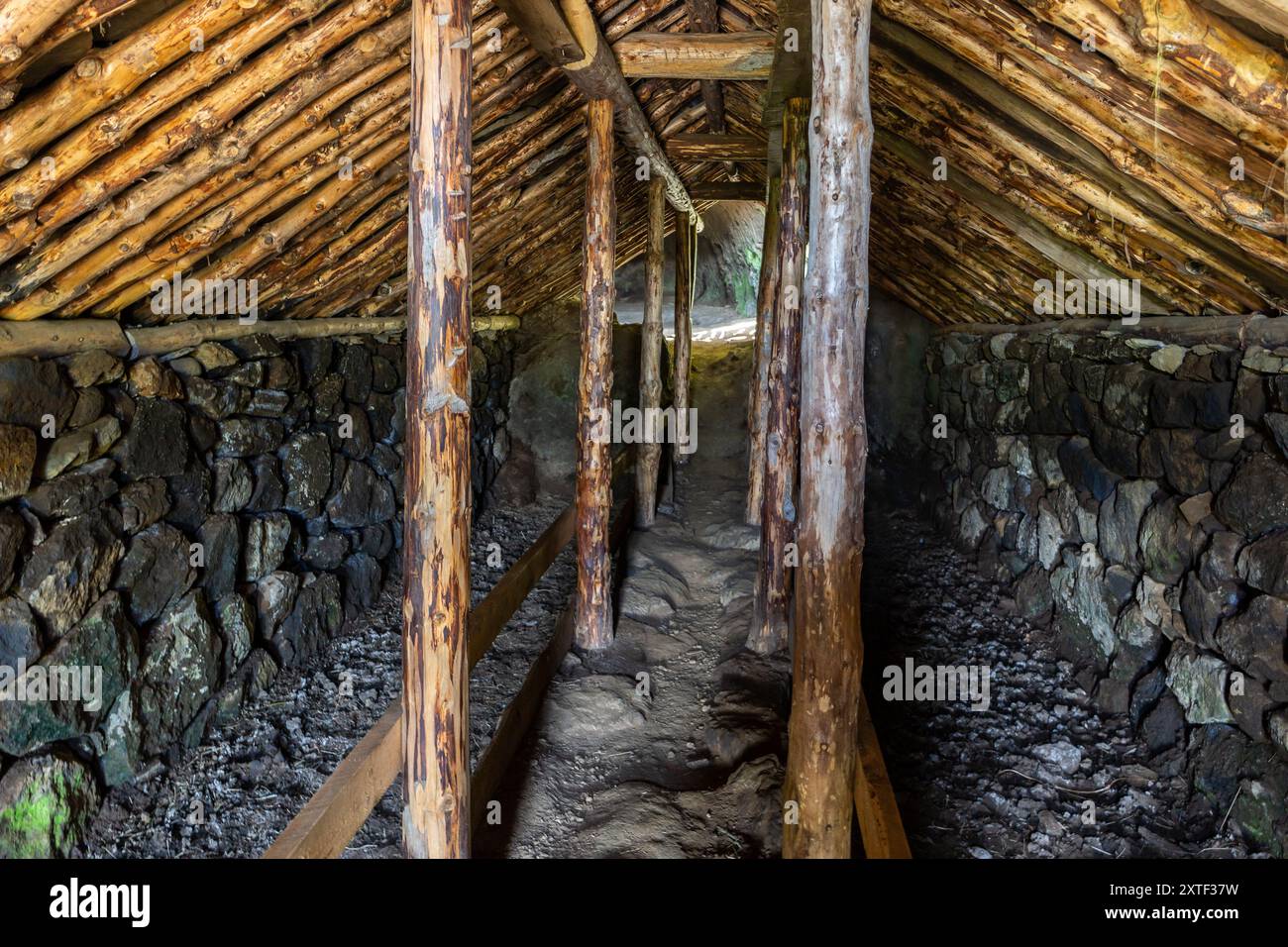 Grotta di Rutshellir (Grotta di Rutur), vista interna della pietra, storica casa in erba in stile islandese con tunnel intagliato, camere e supporti in legno. Foto Stock Grotta di Rutshellir (Grotta di Rutur), vista interna della pietra, storica casa in erba in stile islandese con tunnel intagliato, camere e supporti in legno. Foto Stock