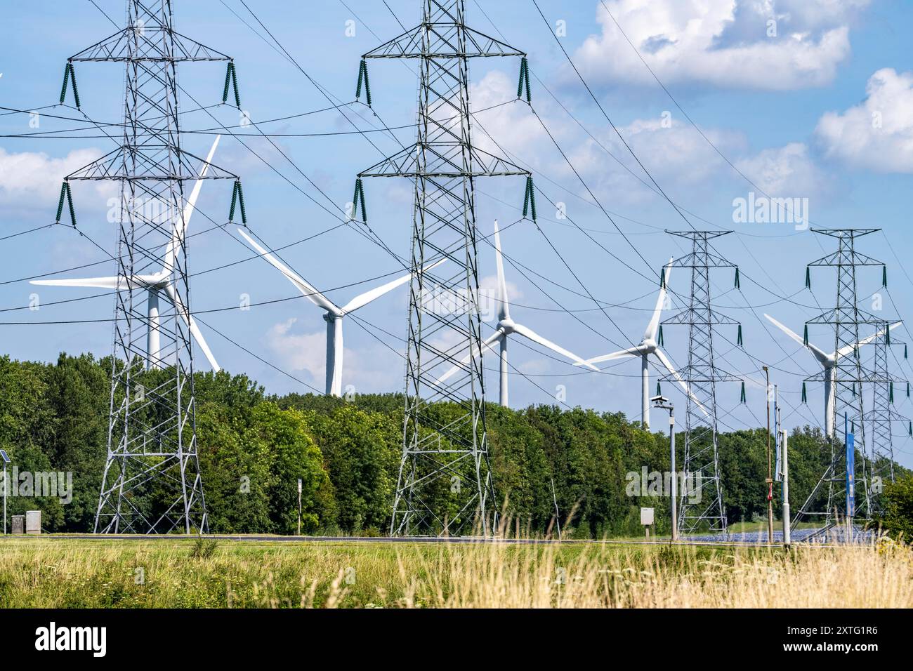 Linea elettrica ad alta tensione, con un parco eolico alle sue spalle, nella zona portuale di Vlissingen-Oost, Paesi Bassi, Foto Stock