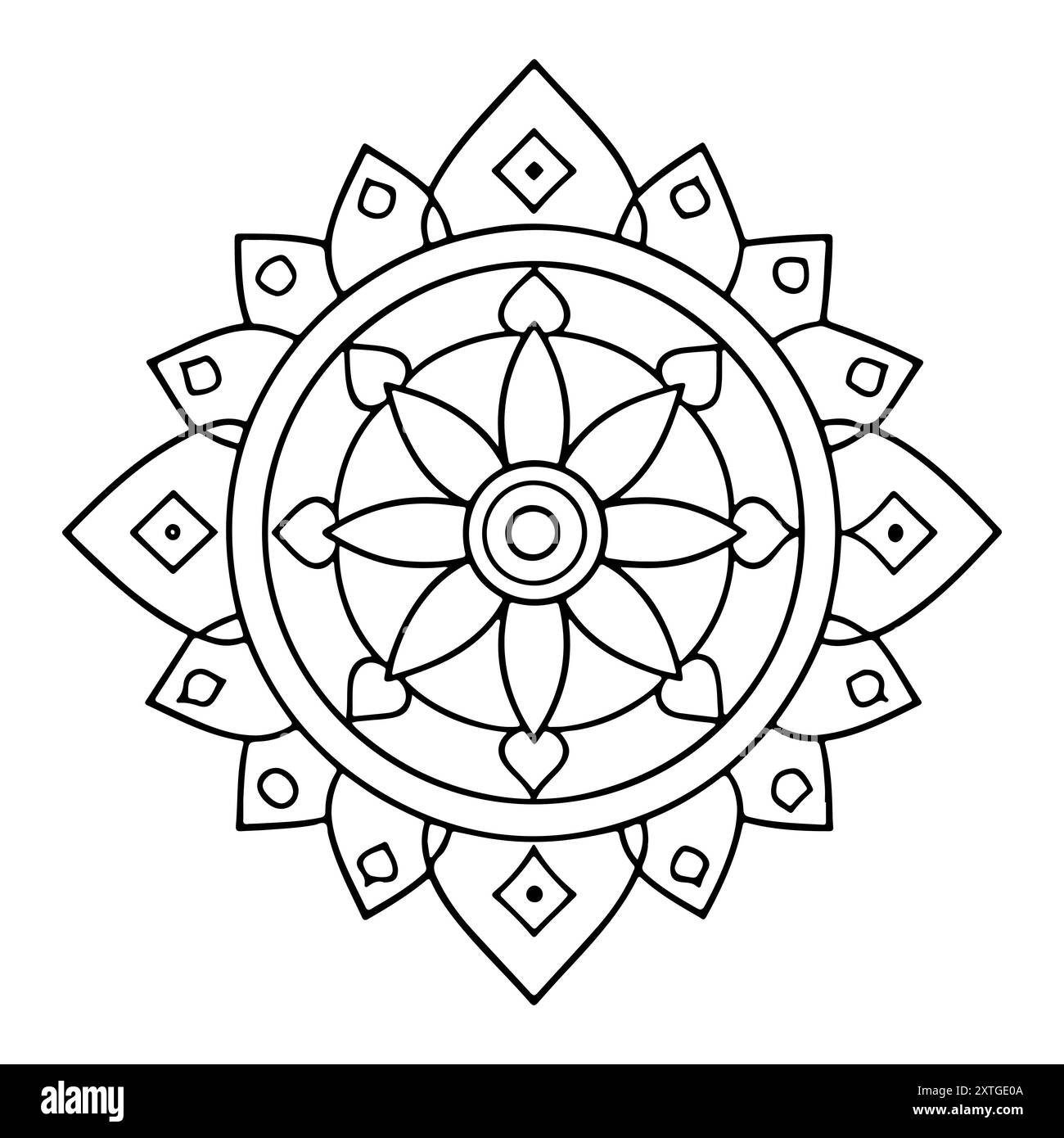 Mandala disegnato a mano in formato vettoriale. Un mandala decorato in modo vibrante. Decorazioni floreali separate a tema tribale. Una pagina di colore anti-stress per un Illustrazione Vettoriale