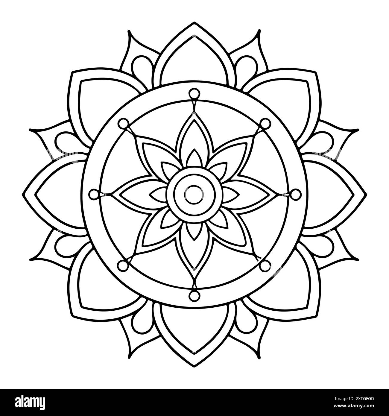 Mandala disegnato a mano in formato vettoriale. Un mandala decorato in modo vibrante. Decorazioni floreali separate a tema tribale. Una pagina di colore anti-stress per un Illustrazione Vettoriale