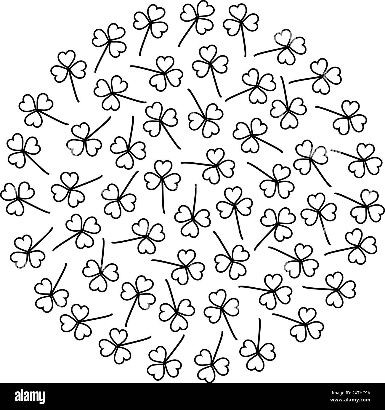 Delinea gli shamrock a forma di cerchio isolato su bianco. Clover lascia lo sfondo. Messaggio di saluto. Sfondo vettoriale o cartoline, poster, banner, brochure, prezzo, etichetta o web, idea di design promozionale Illustrazione Vettoriale