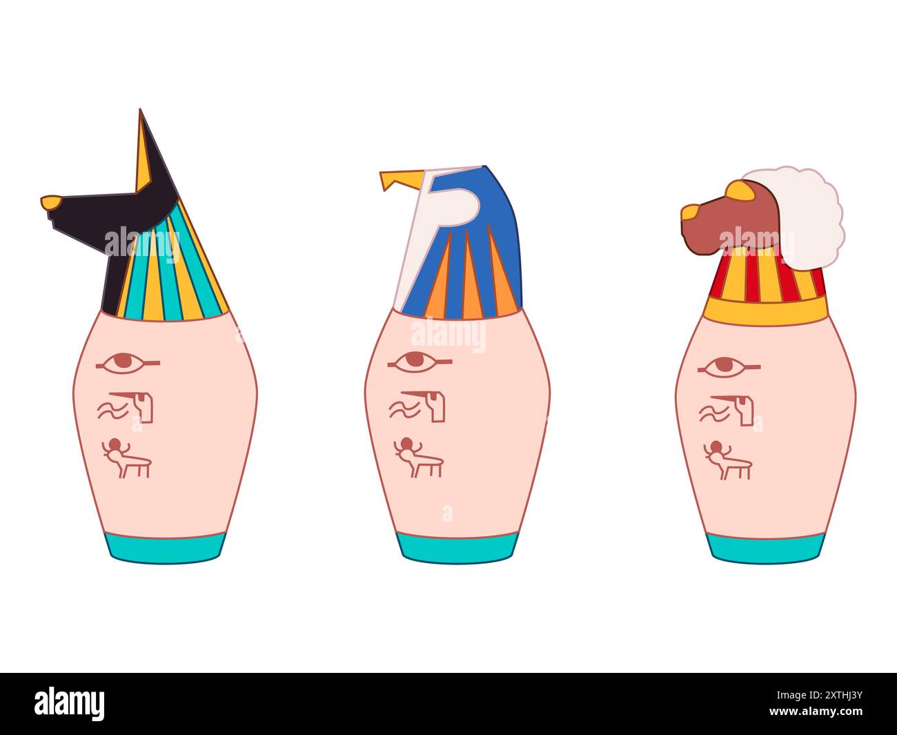 Canopic Jar divinità egiziane Dio Anubis Horus Khnum segno simbolo mummificazione rituale antico Egitto mitologia credenza disegno illustrazione Illustrazione Vettoriale
