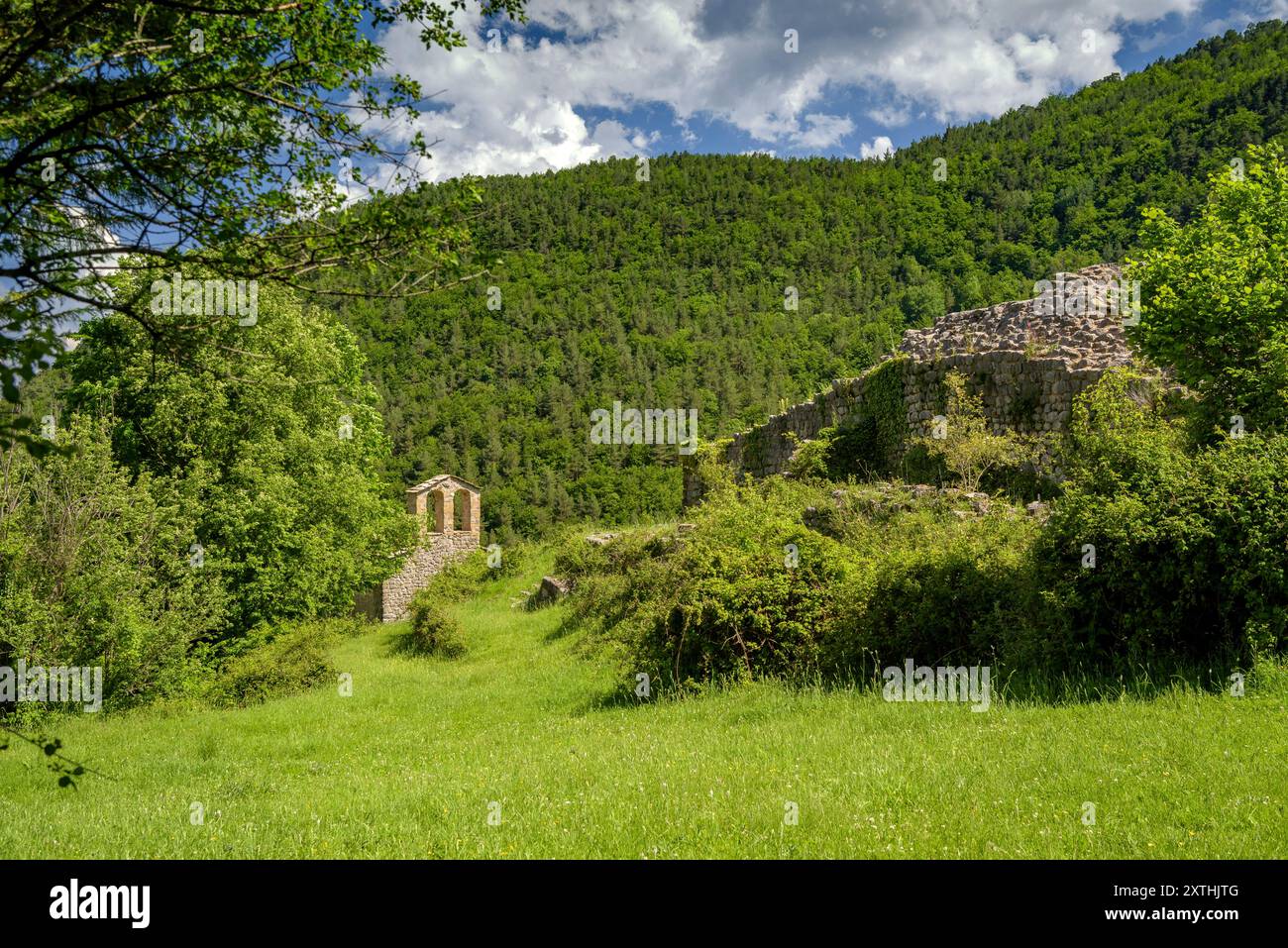 Chiesa romanica di Sant Joan de Mataplana, accanto al castello di Mataplana, nella catena montuosa di Montgrony. Ripollès, Girona, Catalogna Spagna Pirenei Foto Stock