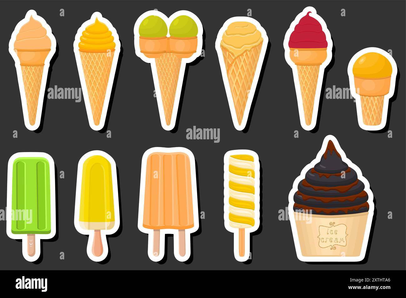 Illustrazione del grande kit a tema di gelateria con ghiaccioli diversi tipi di tazza per waffle a cono, gelato con gustoso ghiacciolo su tazza per waffle a cono, popsic Illustrazione Vettoriale