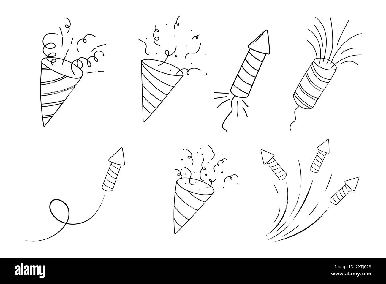 Fuochi d'artificio e razzo, un violino di saluto con esplosioni, luci ed esplosioni natalizie in stile doodle. Scintille disegnate a mano, firecracker su sfondo bianco. Festa, celebrazioni, evento. Illustrazione vettoriale Illustrazione Vettoriale