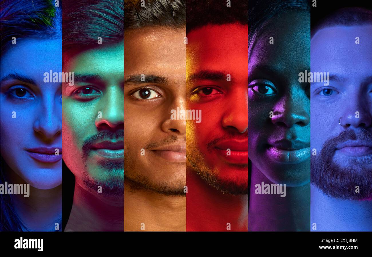 Collage di volti diversi in strisce verticali, ciascuna illuminata da luci colorate e audaci, che celebrano l'individualità. Foto Stock