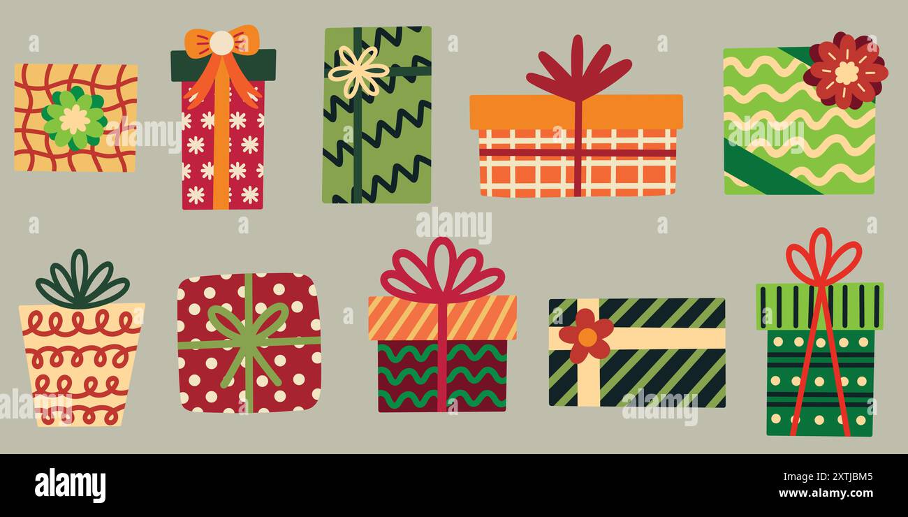 Set di elementi delle confezioni regalo. Natale, compleanno, festa, festa, sorpresa. Illustrazioni vettoriali disegnate a mano. Illustrazione Vettoriale