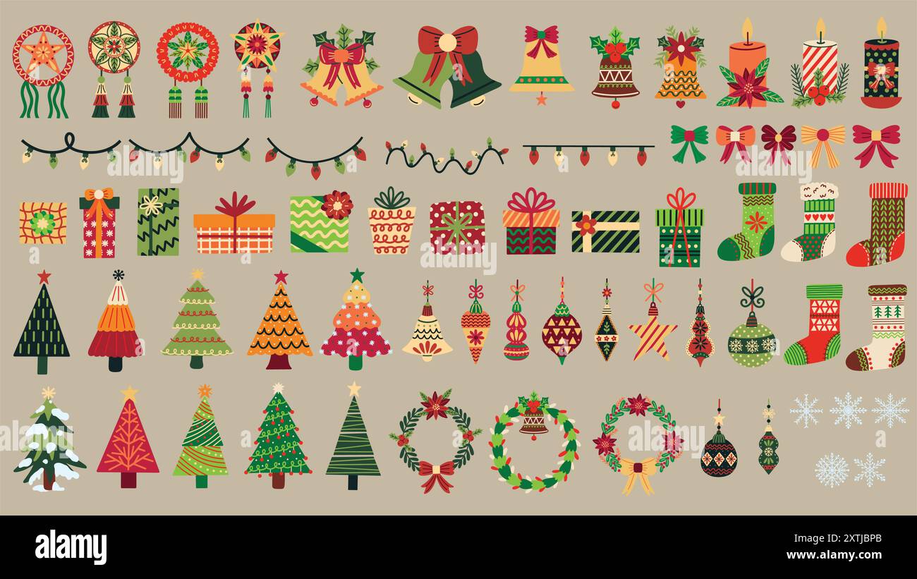 Set illustrativo decorazioni natalizie. Alberi di Natale, campane, calze, luci, ornamenti, baule, lanterne, fiocchi di neve, regali e molto altro ancora. Illustrazione Vettoriale