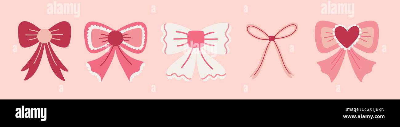 Set illustrativo con nastri in stile Coquette. Nastri decorativi e archi. Illustrazioni vettoriali disegnate a mano. Illustrazione Vettoriale