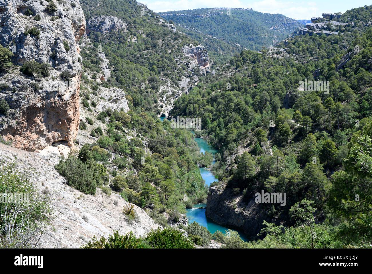 Fiume Jucar. Villalba de la Sierra, provincia di Cuenca, Castilla-la Mancha, Spagna. Foto Stock