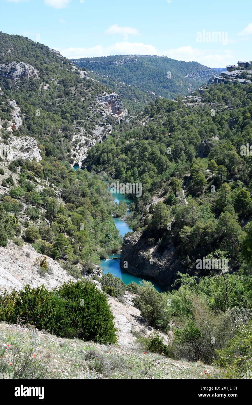Fiume Jucar. Villalba de la Sierra, provincia di Cuenca, Castilla-la Mancha, Spagna. Foto Stock