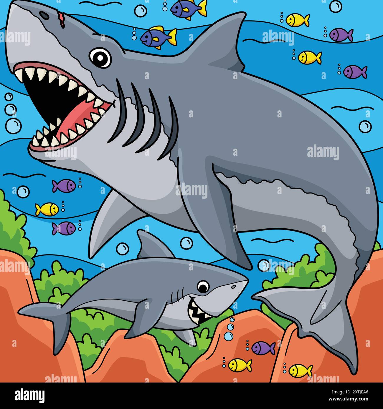 Illustrazione del fumetto colorato di squalo Megalodon Illustrazione Vettoriale