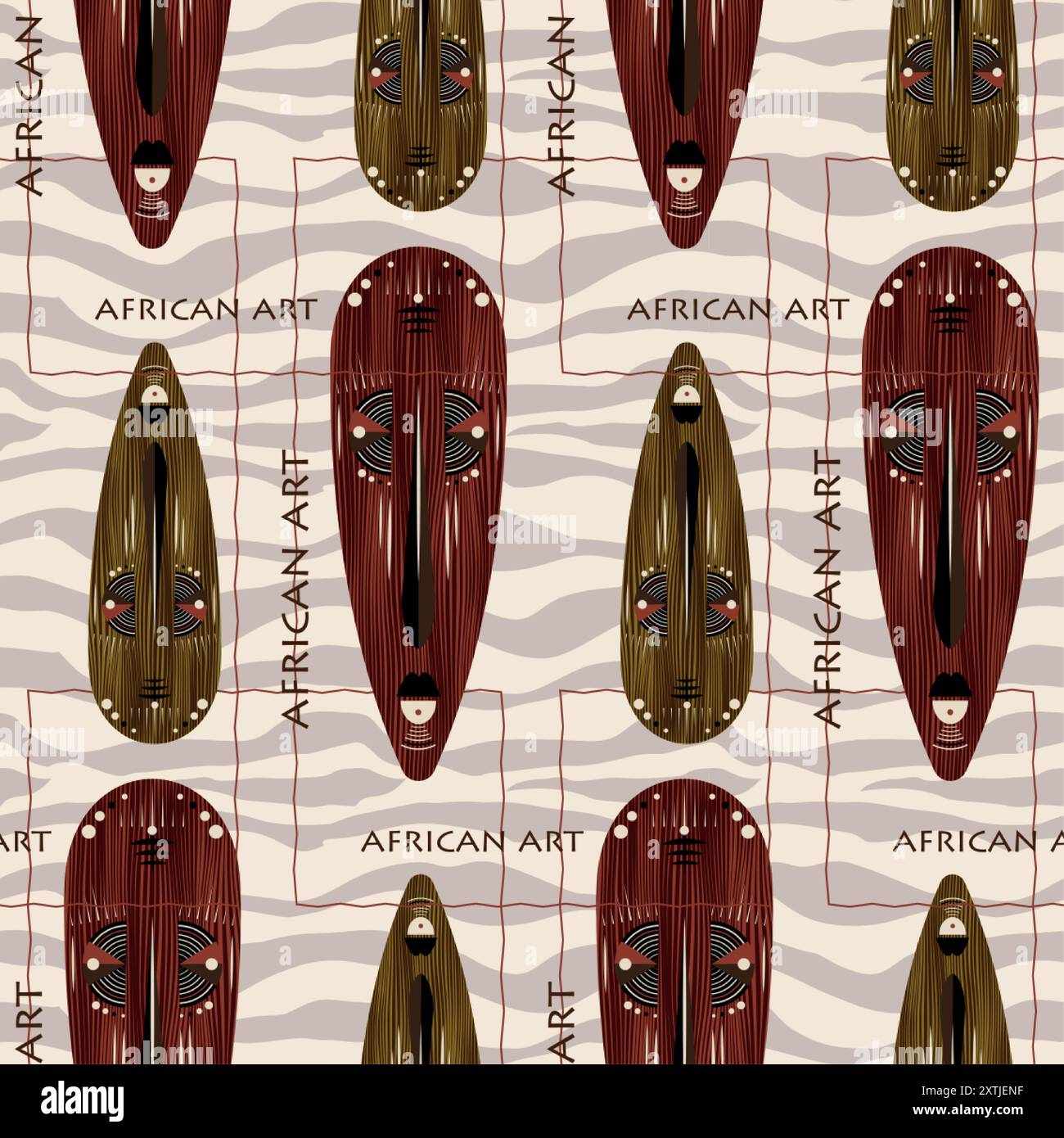 Sfondo africano senza cuciture, maschera etnica tribale, maschere rituali primitivi di selvaggi. Texture di design Afro Art vintage. Maya indiani aztechi Illustrazione Vettoriale