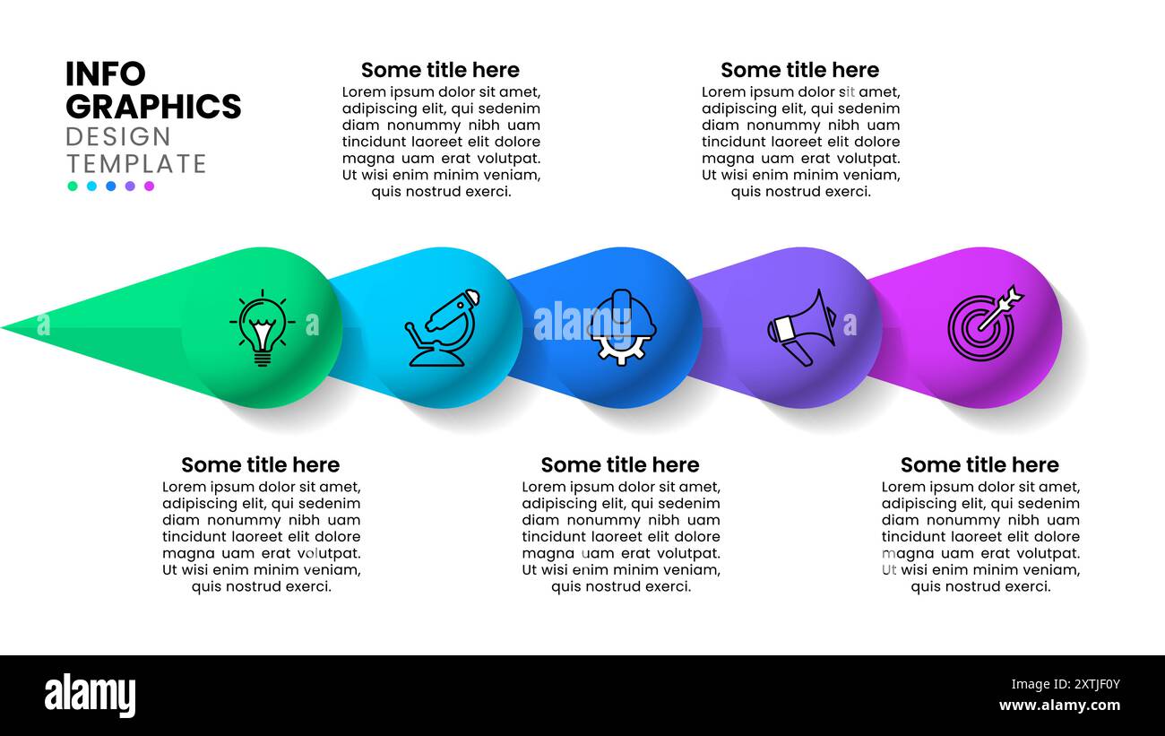 Modello infografico con icone e 5 opzioni o passaggi. Palle di fila. Può essere utilizzato per layout del flusso di lavoro, diagrammi, banner, webdesign. Illustrati vettoriali Illustrazione Vettoriale