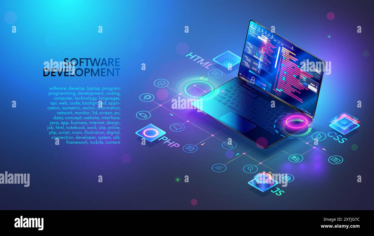 Software, sviluppo web, concetto di programmazione. Linguaggi di programmazione, codice di programmazione sul laptop. Icone di computer e laptop. Tecnologia del software d Illustrazione Vettoriale