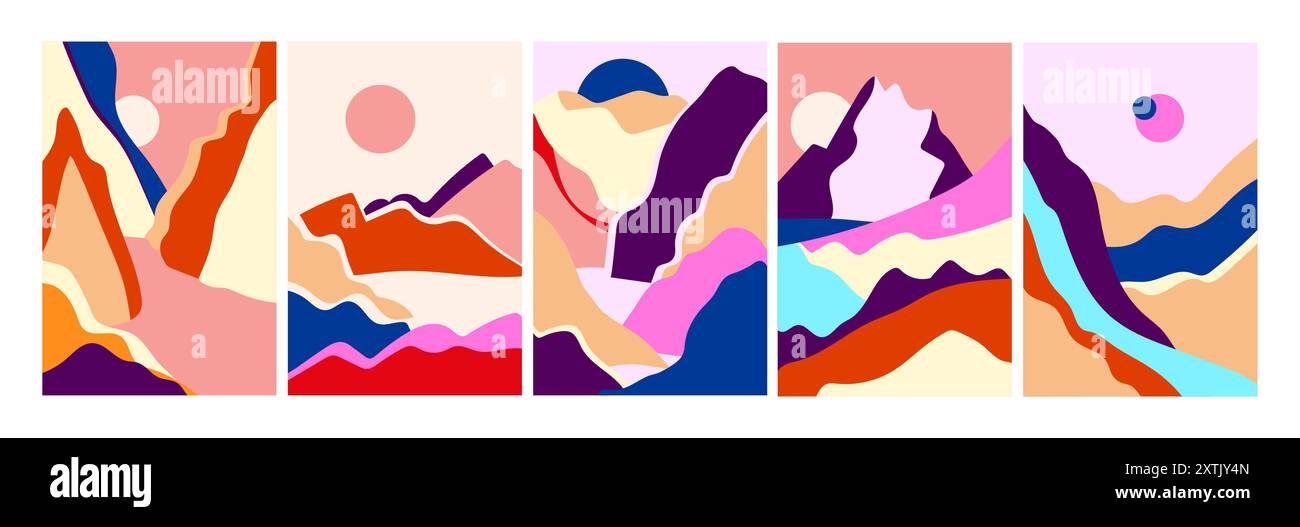 Set di illustrazioni di arte murale con paesaggi in stile giapponese o coreano. I disegni vettoriali raffigurano serene scene di montagna, albe, e. Illustrazione Vettoriale