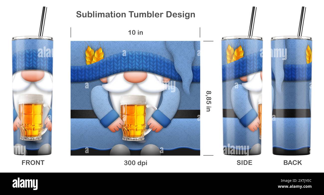 Divertente personaggio dei cartoni animati di Gnome Beer Lover. Dima a sublimazione senza cuciture per bicchiere magro da 20 once. Illustrazione della sublimazione. Foto Stock