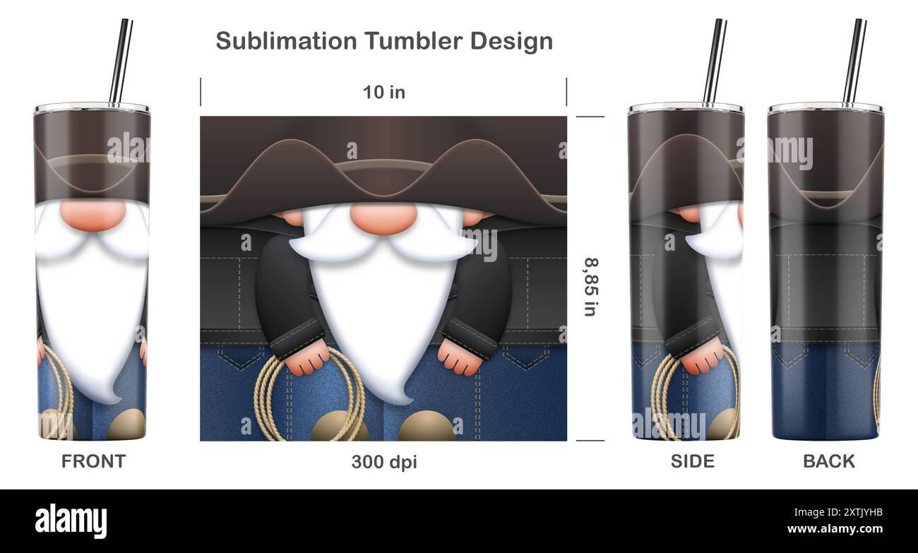 Divertente personaggio dei cartoni animati di Cowboy Gnome. Dima a sublimazione senza cuciture per bicchiere magro da 20 once. Illustrazione della sublimazione. Foto Stock