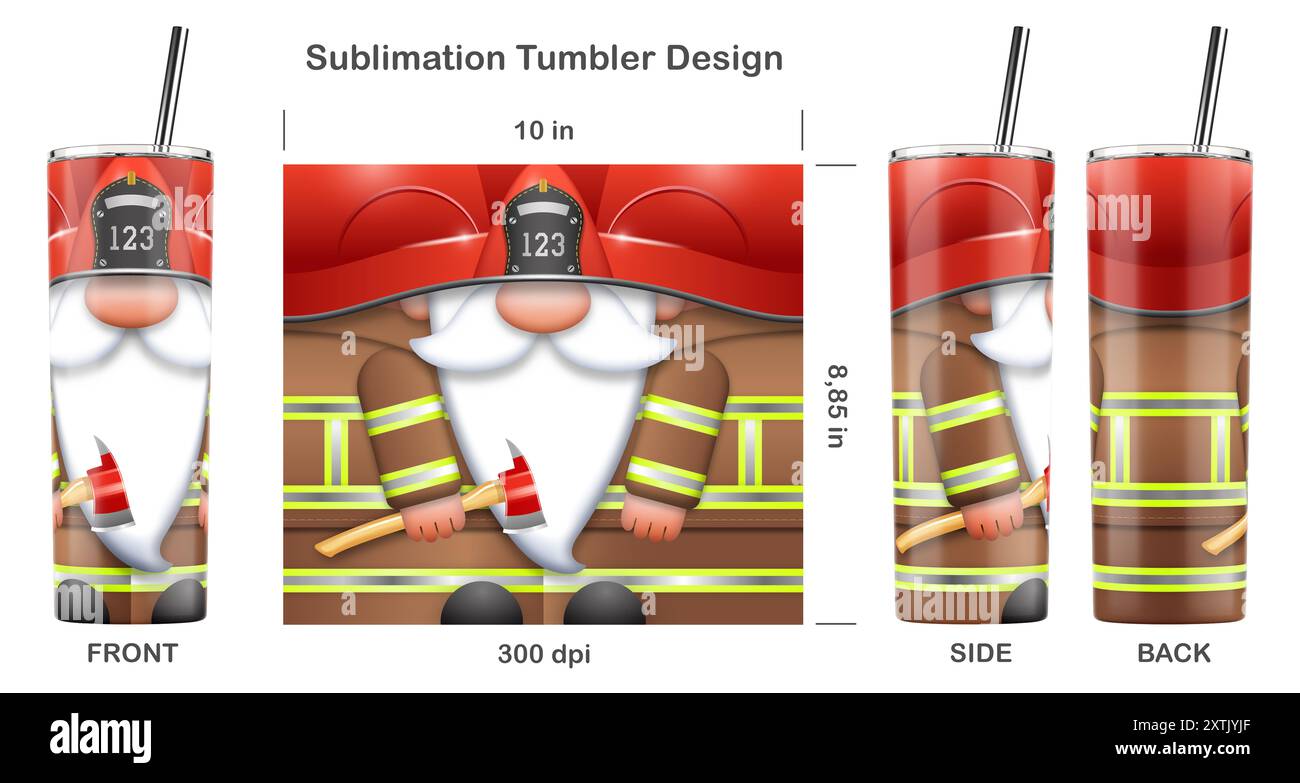 Divertente Firefighter Gnome personaggio dei cartoni animati. Dima a sublimazione senza cuciture per bicchiere magro da 20 once. Illustrazione della sublimazione. Foto Stock