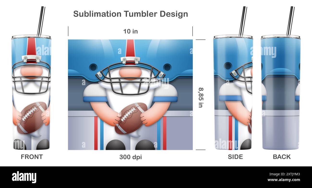 Divertente personaggio dei cartoni animati American Football Gnome. Dima a sublimazione senza cuciture per bicchiere magro da 20 once. Illustrazione della sublimazione. Foto Stock