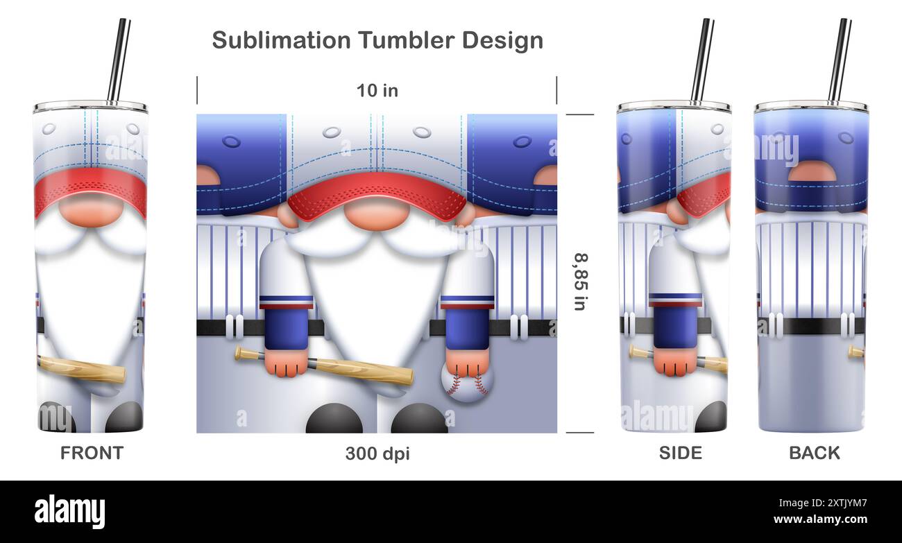 Divertente personaggio dei cartoni animati di Baseball Gnome. Dima a sublimazione senza cuciture per bicchiere magro da 20 once. Illustrazione della sublimazione. Foto Stock