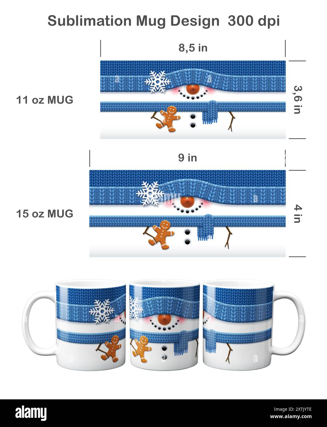 Divertente pupazzo di neve natalizio. Design a sublimazione per tazza da 360 ml e 450 ml. Foto Stock