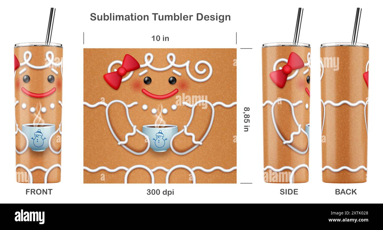 Divertente "Christmas Gingerbread". Design a sublimazione per bicchiere magro da 20 once. Illustrazione della sublimazione. Senza cuciture da bordo a bordo. Avvolgimento completo. Foto Stock