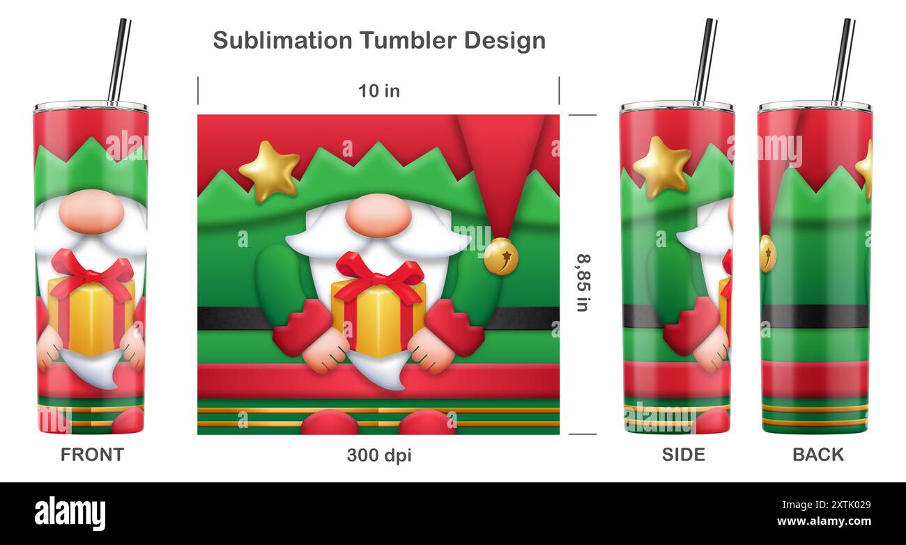 Divertente Elfo di Natale. Design a sublimazione per bicchiere magro da 20 once. Illustrazione della sublimazione. Senza cuciture da bordo a bordo. Avvolgimento completo. Foto Stock